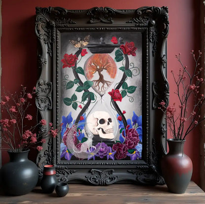 Memento Mori Skull Painting: Dark Floral Gothic Art Print