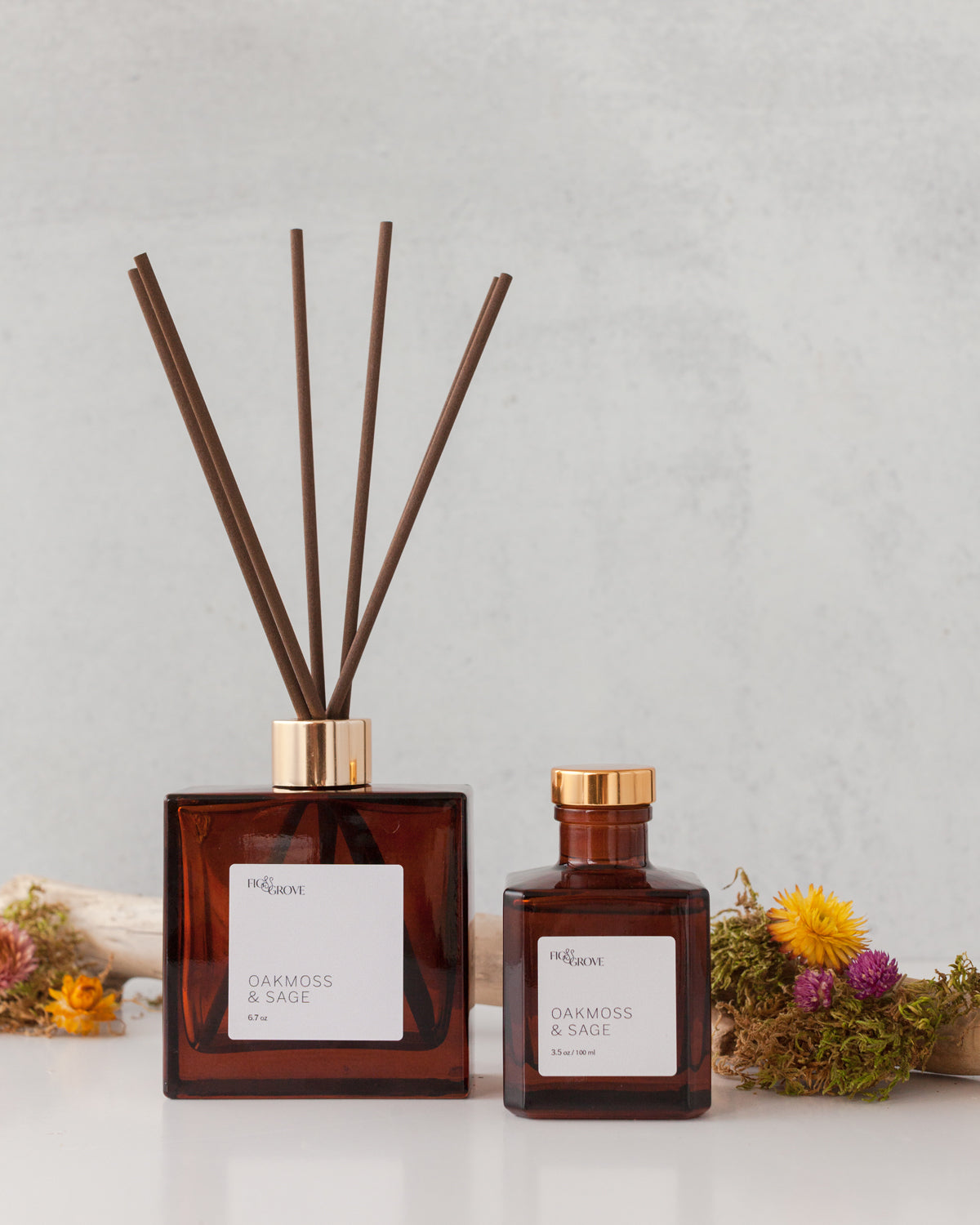Small-batch Oakmoss &amp; Sage reed diffuser from Fig &amp; Grove with woodsy herbal scent notes