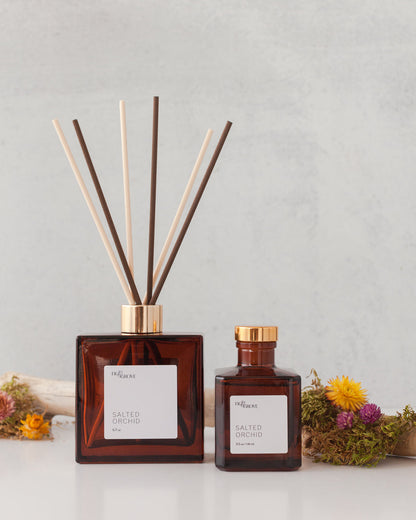 Fig &amp; Grove Salted Orchid reed diffuser with soft floral, sea salt, amber, and tonka notes