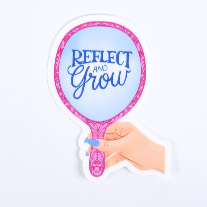 A sticker with a mirror design and the text &