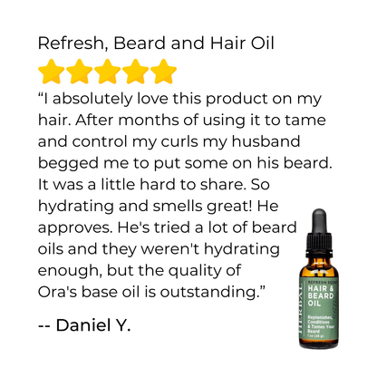 Hair and beard oil bottle with a five-star review on a white background