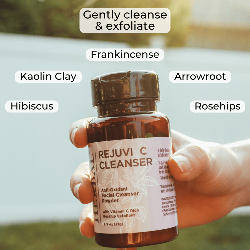 Rejuvi C Cleanser 2.5oz Lifestyle Outdoor Ingredients Infographic