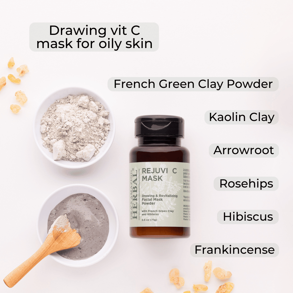 Rejuvi C Mask 2.5oz Lifestyle Indoor Texture Ingredients Infographic
