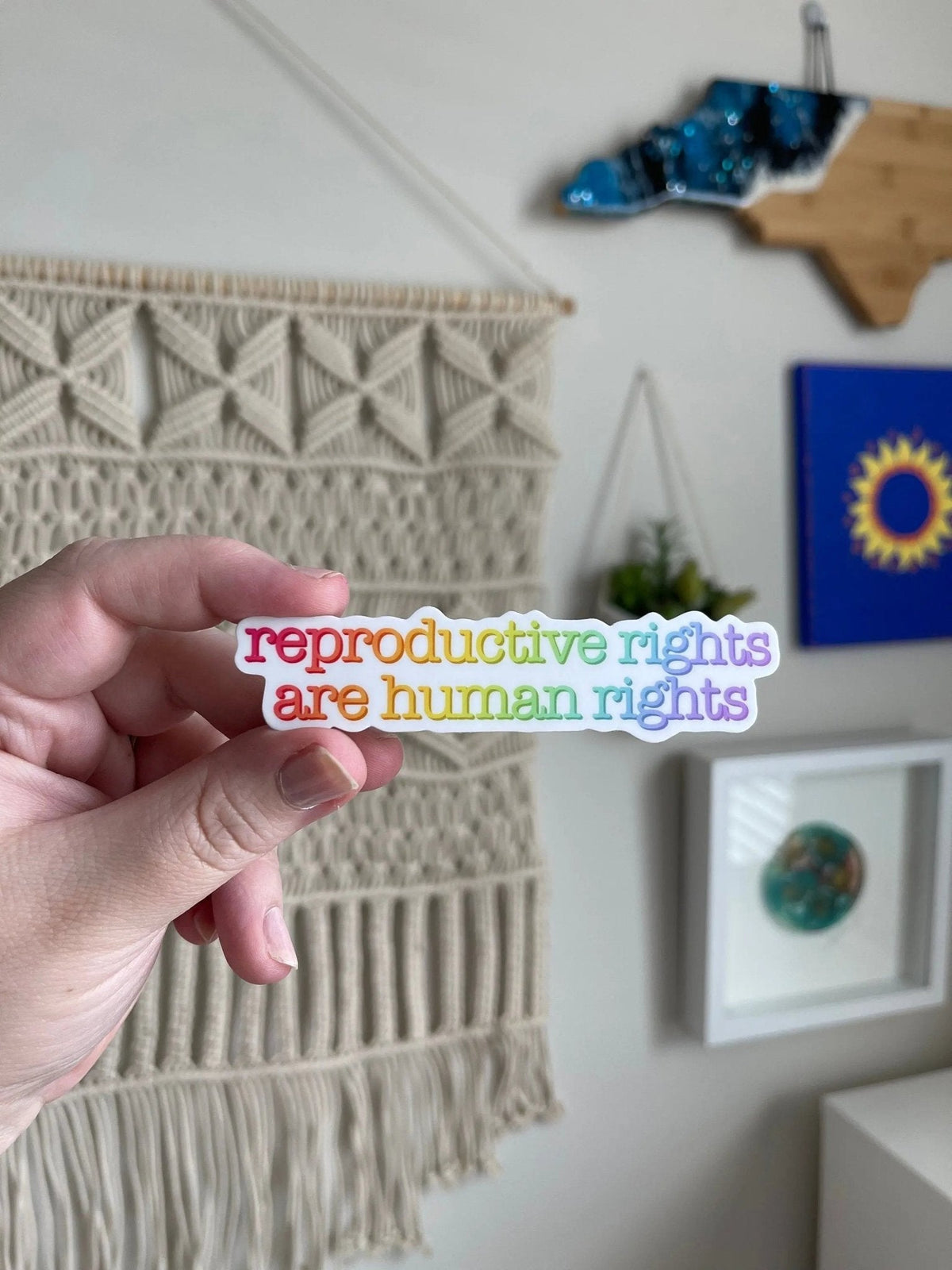 Reproductive rights are human rights sticker — bold rainbow gradient typography, waterproof vinyl sticker, by MangoIllustrated