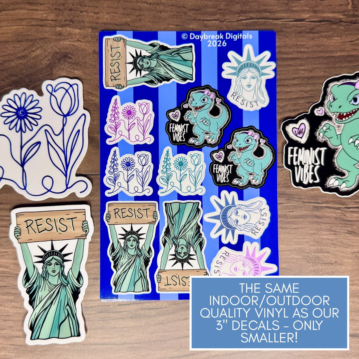 resistance-mini-vinyl-sticker-sheet-statue-of-liberty-feminist-raptor-foxglove-daisy-tulip-fdt-indoor-outdoor-decal