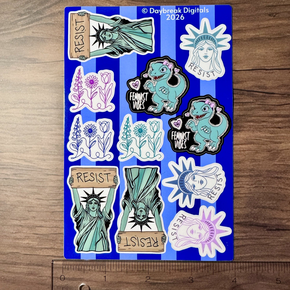 resistance-mini-vinyl-sticker-sheet-statue-of-liberty-feminist-raptor-foxglove-daisy-tulip-fdt-indoor-outdoor-decal