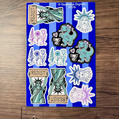 resistance-mini-vinyl-sticker-sheet-statue-of-liberty-feminist-raptor-foxglove-daisy-tulip-fdt-indoor-outdoor-decal