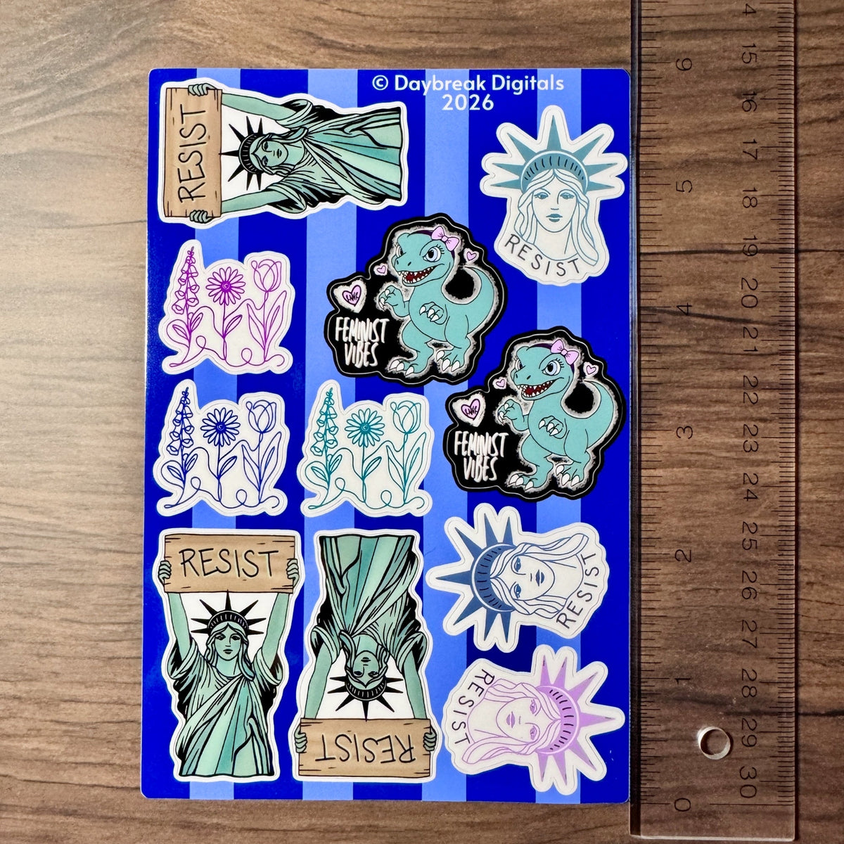 resistance-mini-vinyl-sticker-sheet-statue-of-liberty-feminist-raptor-foxglove-daisy-tulip-fdt-indoor-outdoor-decal