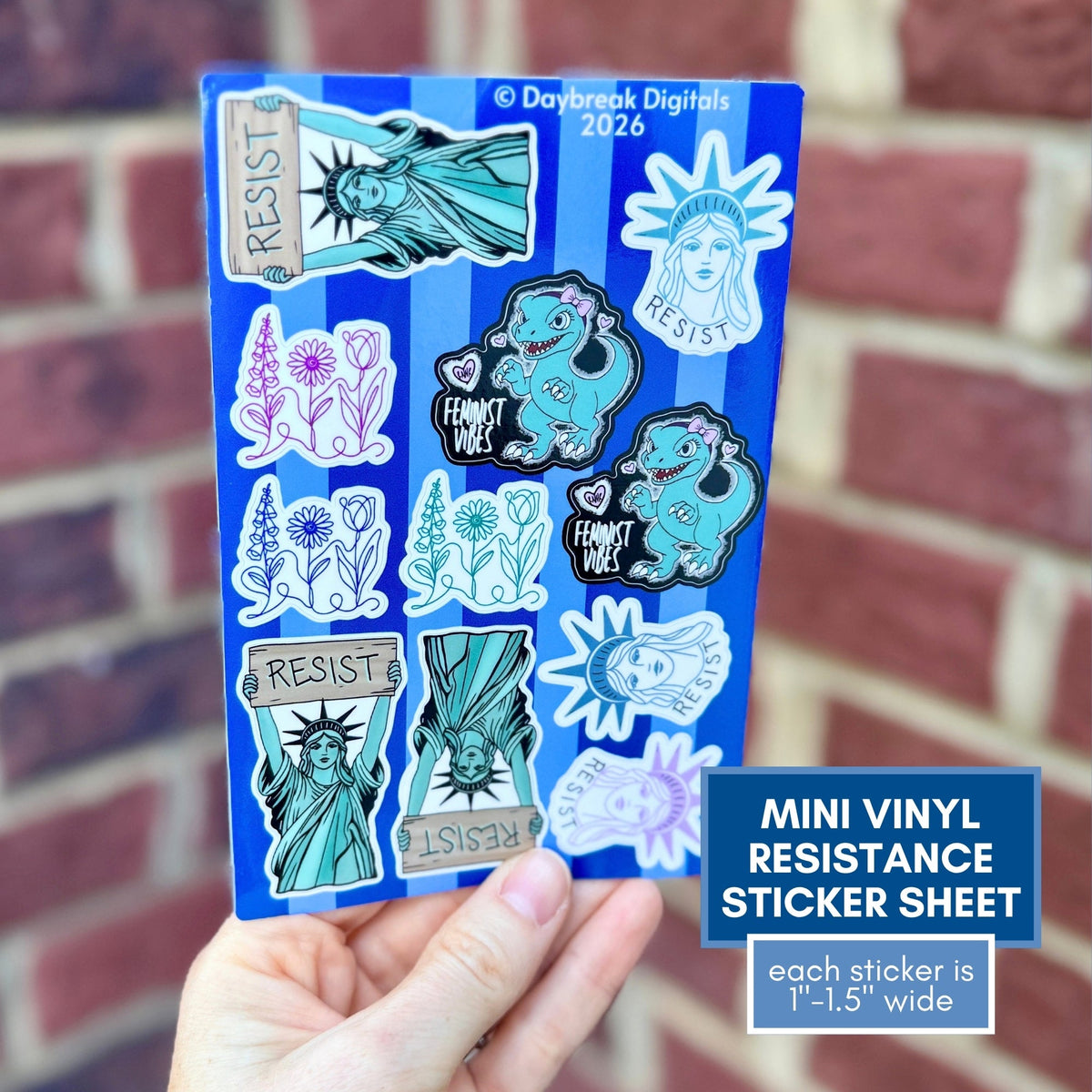 resistance-mini-vinyl-sticker-sheet-statue-of-liberty-feminist-raptor-foxglove-daisy-tulip-fdt-indoor-outdoor-decal
