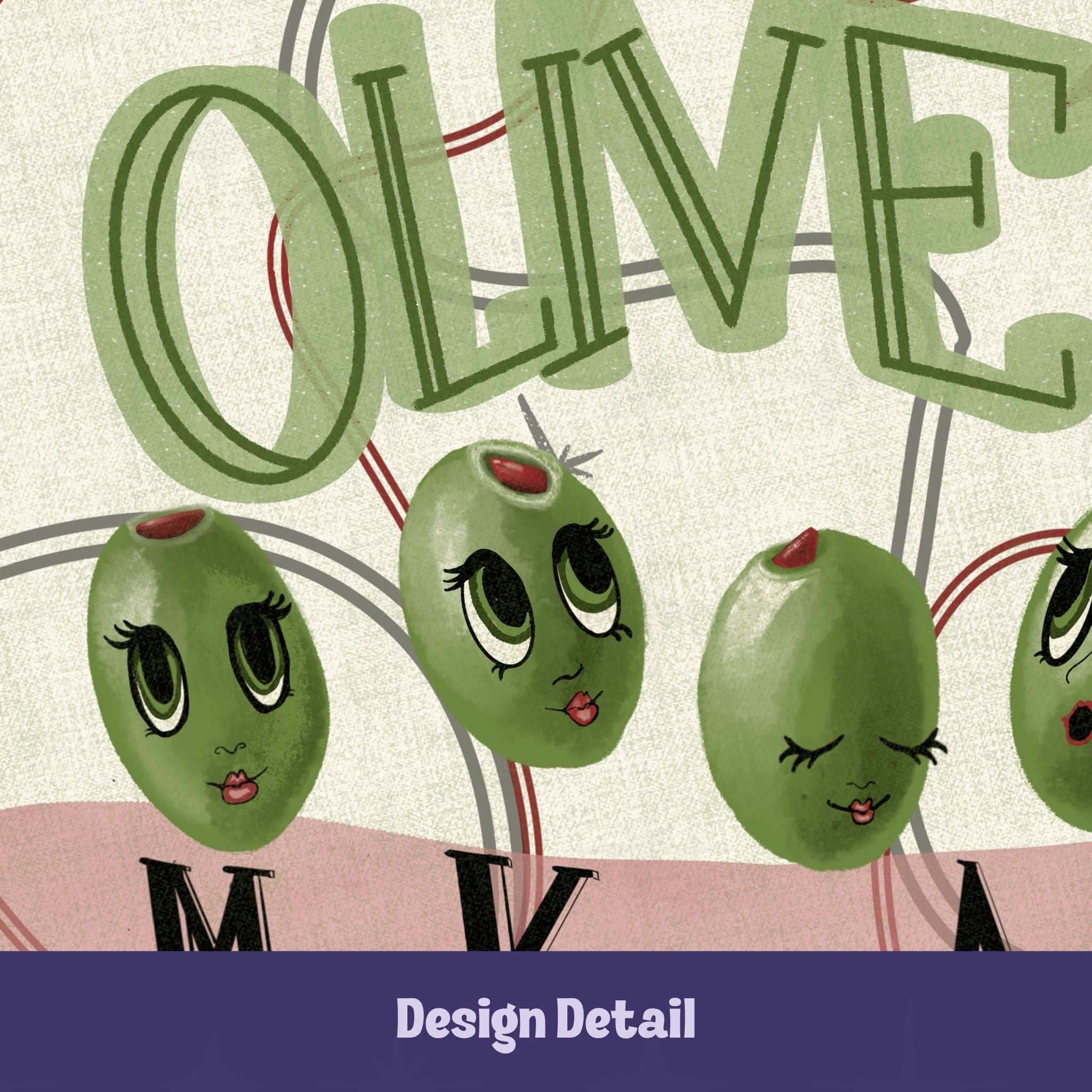 Close-up design detail of hand-illustrated green olive characters with heavy lash cartoon eyes and red lips under OLIVE hand-lettered block typography on retro mid-century serving platter