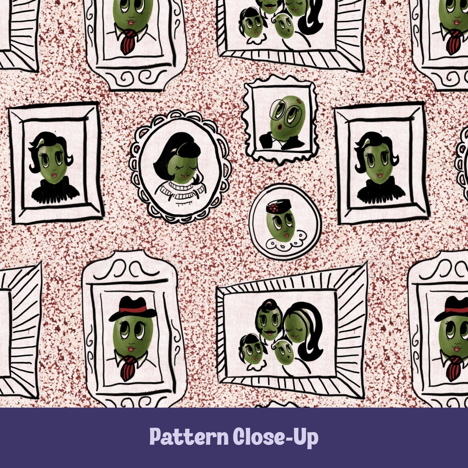 Close-up of retro olive portrait pattern on dusty rose tea towel showing hand-illustrated olive characters in ornate frames on terrazzo speckled background