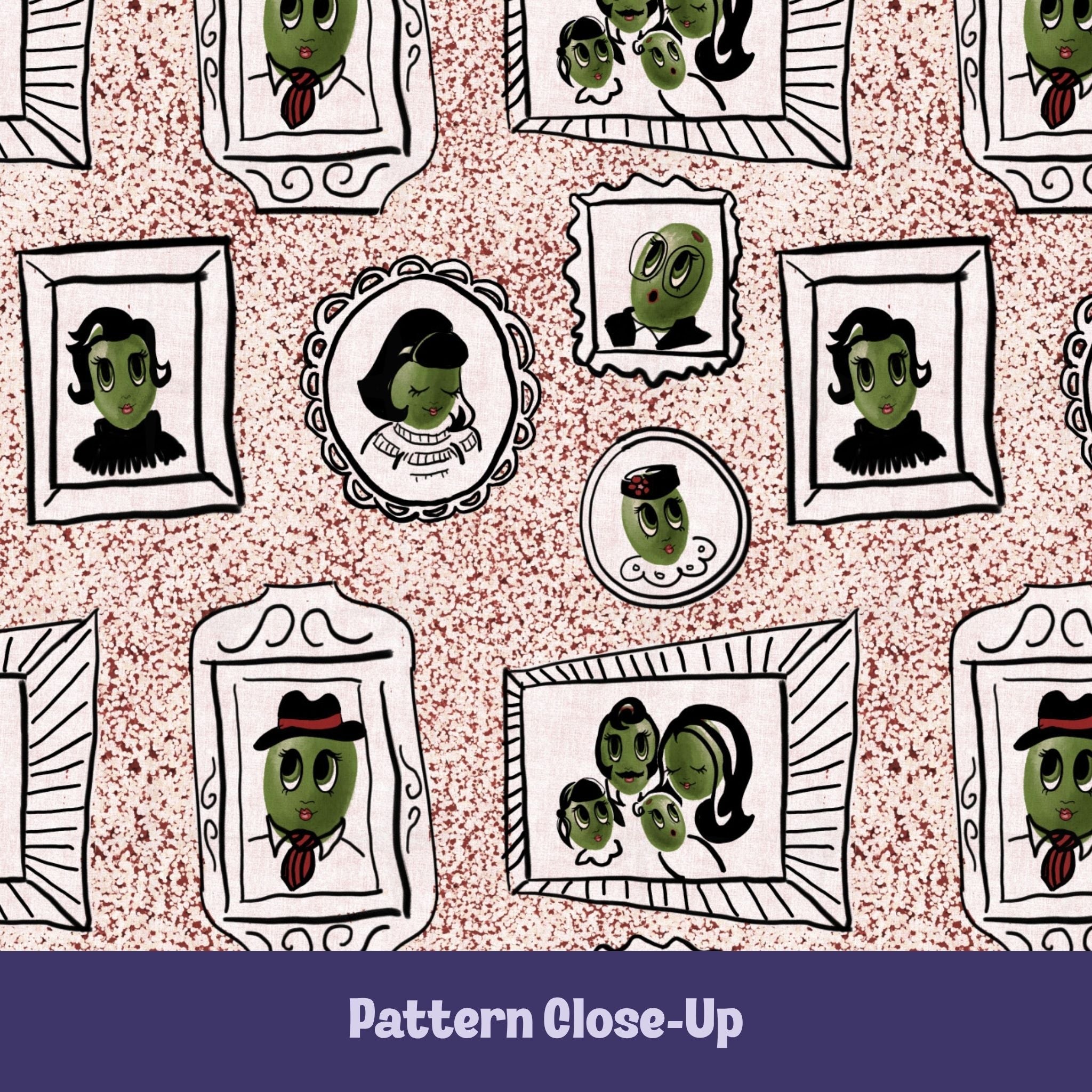 Close-up of retro olive portrait pattern on dusty rose tea towel showing hand-illustrated olive characters in ornate frames on terrazzo speckled background