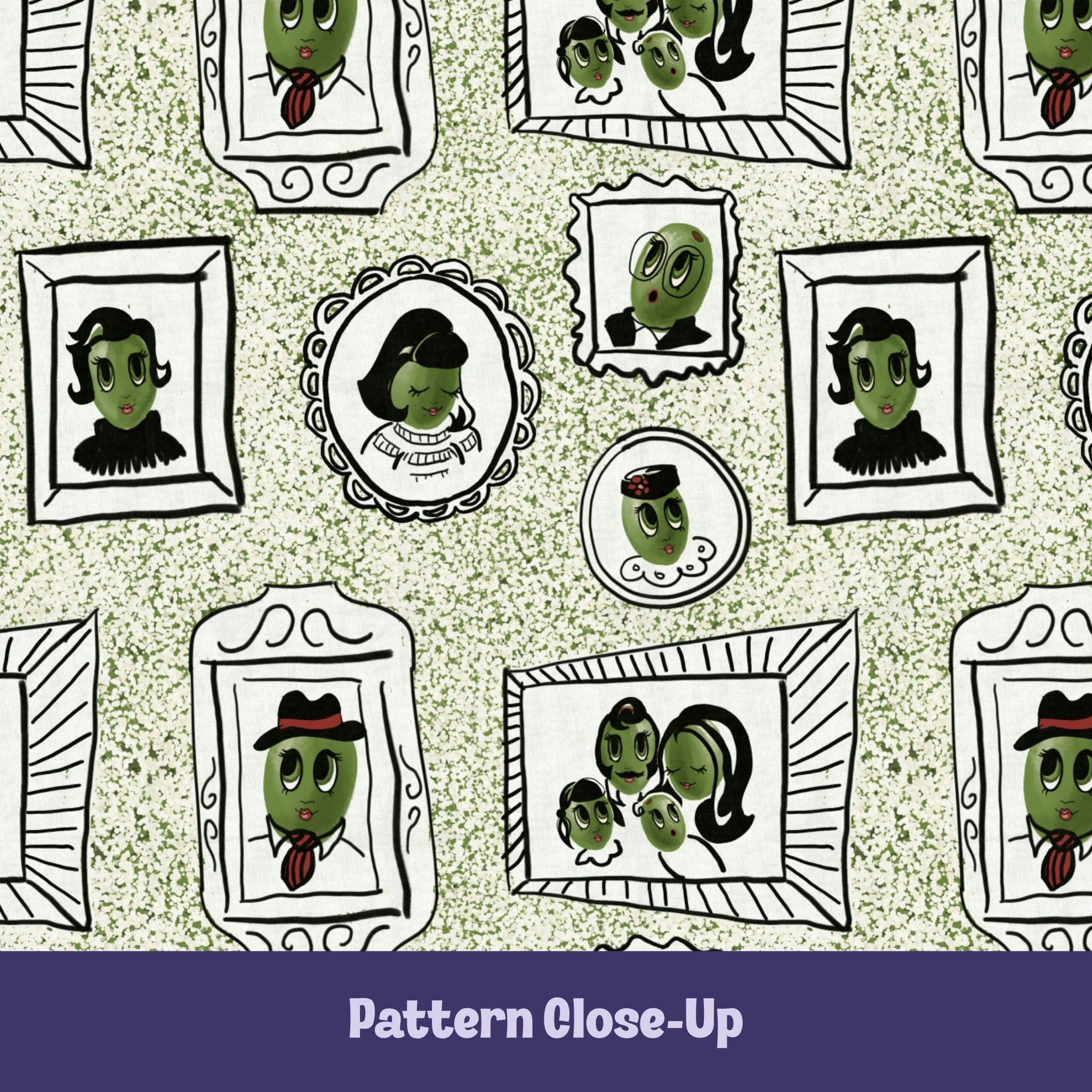 Close-up of retro olive portrait pattern on sage green tea towel showing hand-illustrated olive characters in ornate frames including cameo, fedora olive, family portrait, and bug-eyed olive on terrazzo speckled background