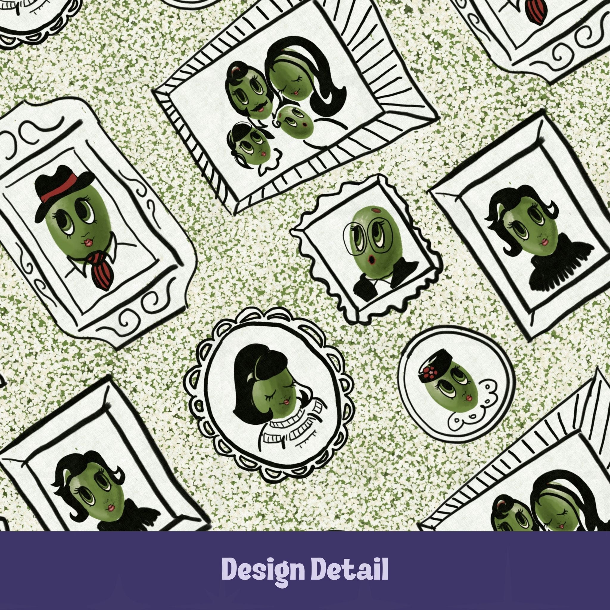 Close-up design detail of retro olive portrait serving platter in sage green speckle colorway showing hand-illustrated gallery wall pattern with framed olive characters including dapper fedora olive, composed cameo female, and family portrait grouping