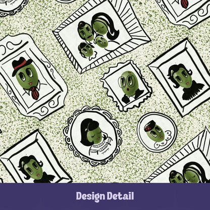 Close-up design detail of retro olive portrait serving platter in sage green speckle colorway showing hand-illustrated gallery wall pattern with framed olive characters including dapper fedora olive, composed cameo female, and family portrait grouping