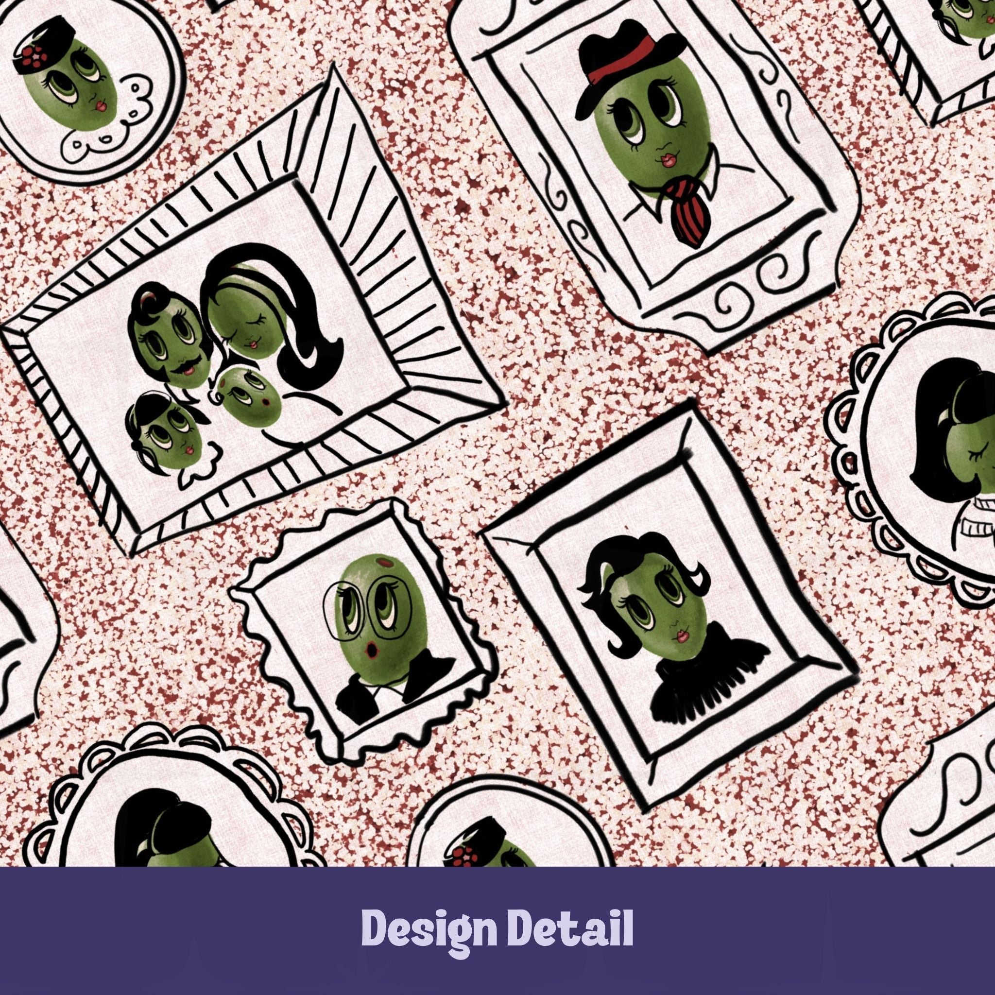 Close-up design detail of retro olive portrait serving platter in red speckle colorway showing hand-illustrated olive characters including fedora olive with red-striped tie, bouffant female in cameo frame, bug-eyed olive in stamp frame, and couple family portrait