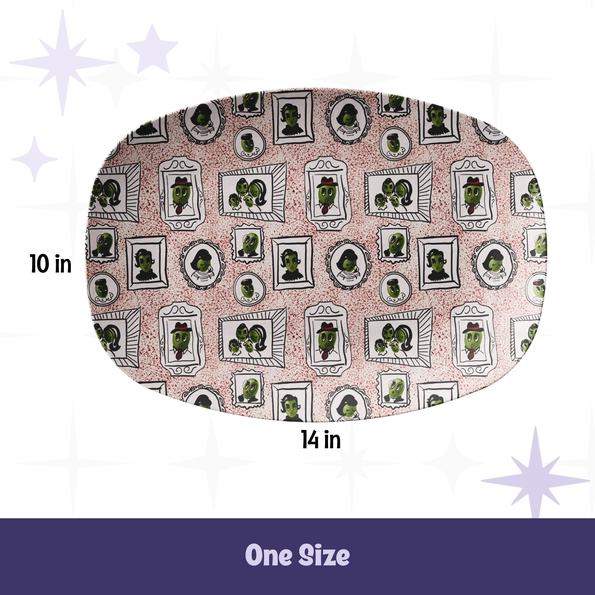 Retro olive portrait serving platter in red speckle colorway with 10 by 14 inch dimension callouts, allover mid-century framed olive portrait pattern, one size