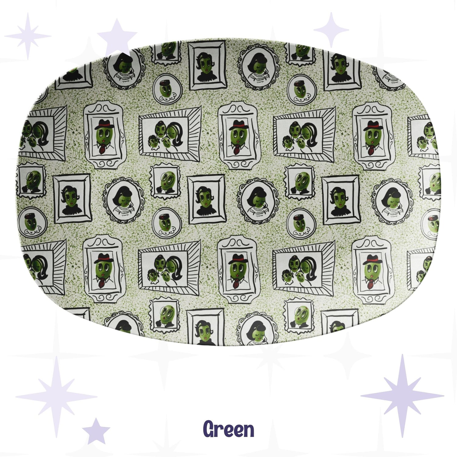 Retro olive portrait serving platter in sage green speckle colorway showing full allover mid-century gallery wall pattern of framed illustrated olive characters on pale sage terrazzo-style ground