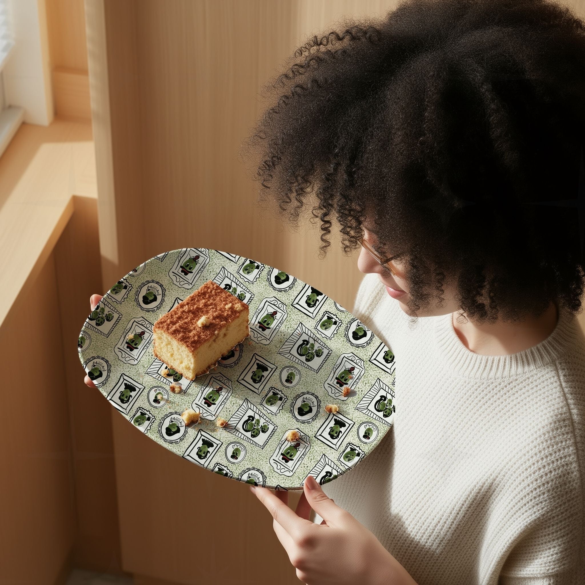 Woman with natural curly hair examining retro olive portrait serving platter in green colorway with slice of cake, mid-century framed olive character pattern visible across surface