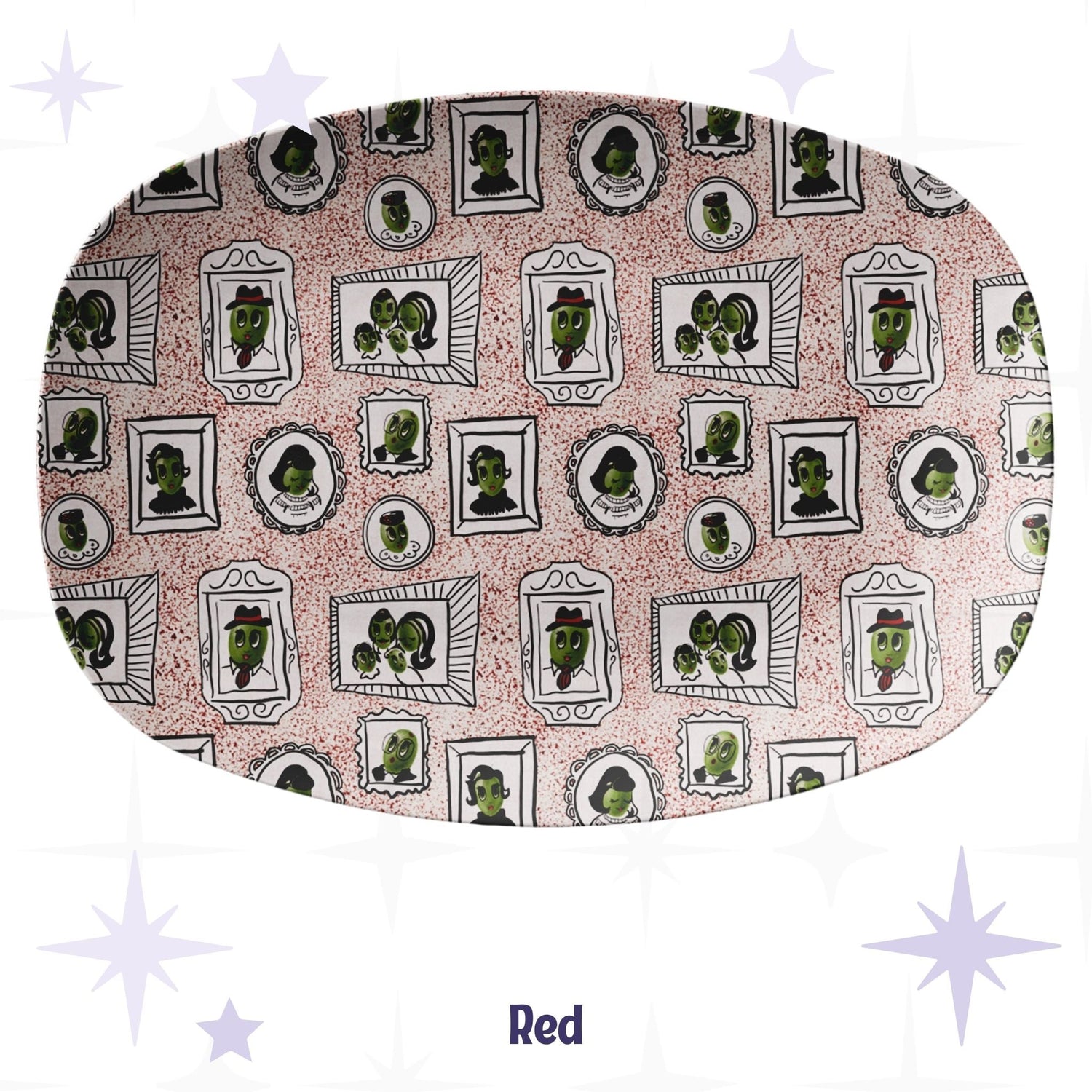 Retro olive portrait serving platter in red speckle colorway showing full allover mid-century gallery wall pattern of framed illustrated olive characters on warm blush crimson-speckle ground