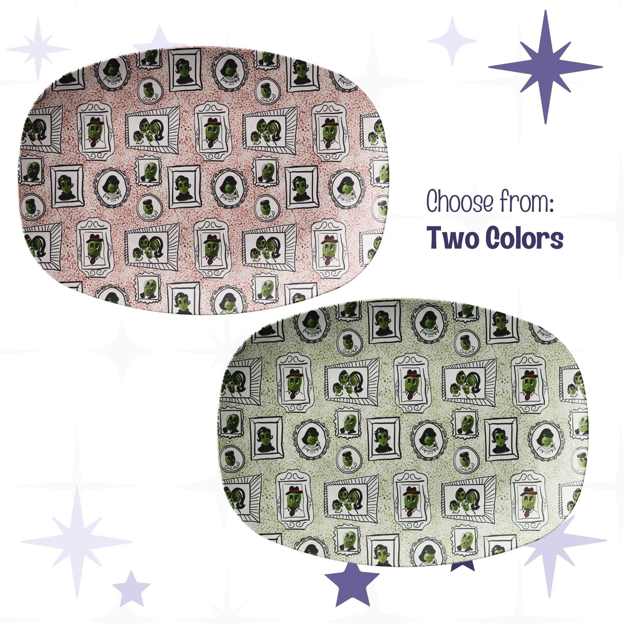 Retro olive portrait serving platter shown in two colorways — red speckle ground and sage green speckle ground — both featuring allover mid-century gallery wall pattern of framed illustrated olive characters, 10 by 14 inch oval polymer