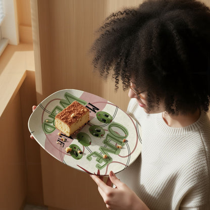 Woman with natural hair examining funny retro serving platter with piece of cake, close view of cartoon olive faces and Olive My Kids Are Weird hand-lettered typography