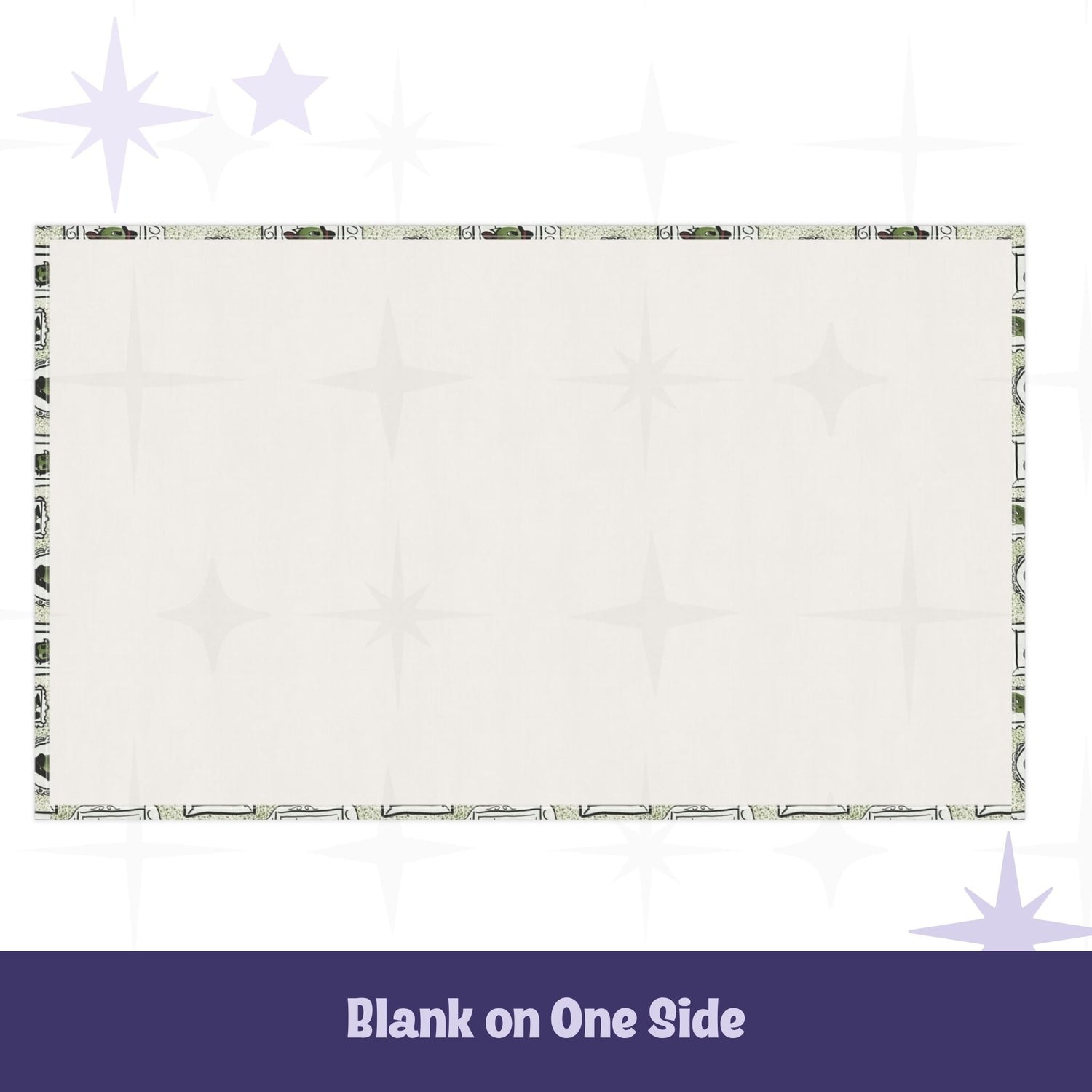 Reverse side of retro olive tea towel showing plain cream cotton twill with printed border edge detail