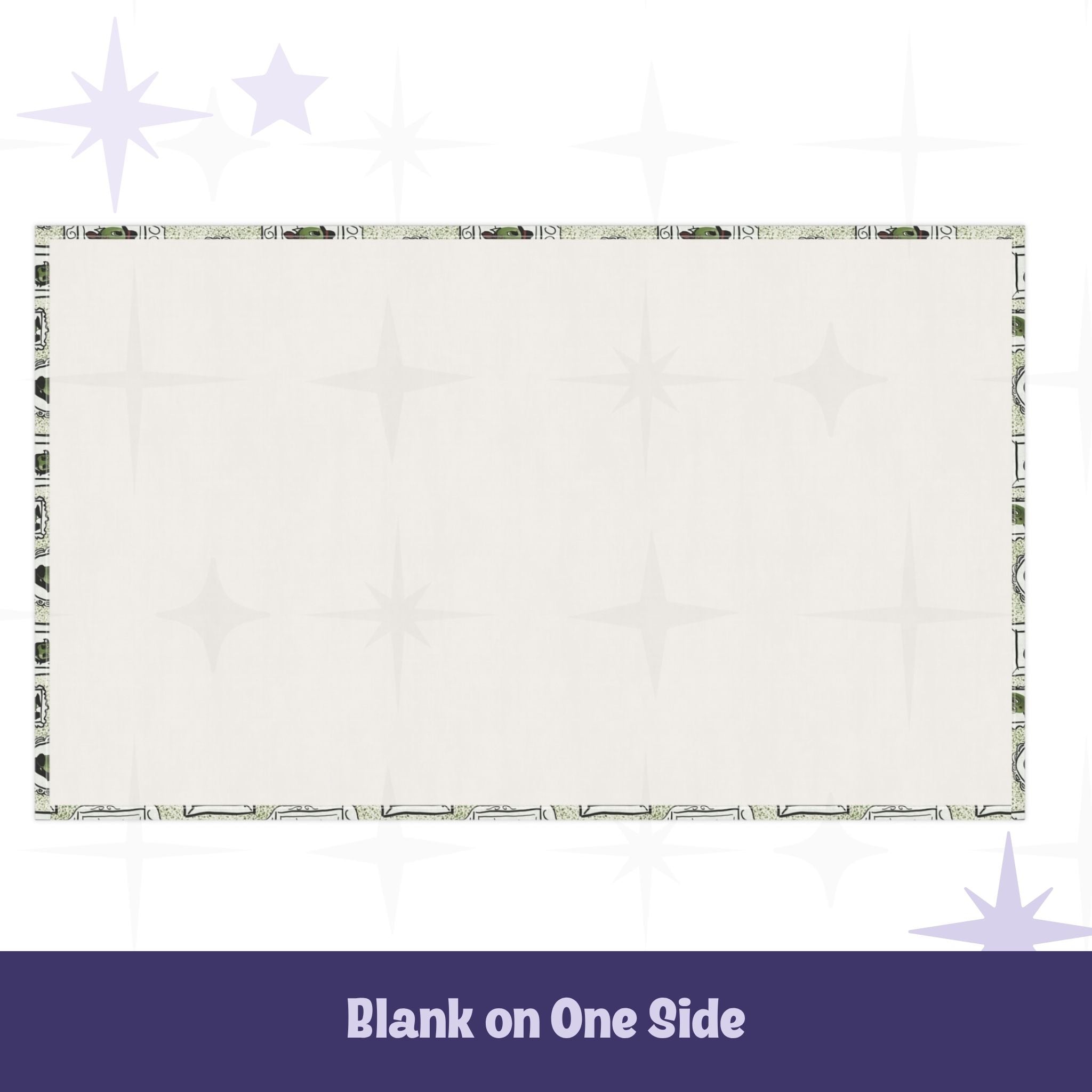 Reverse side of retro olive tea towel showing plain cream cotton twill with printed border edge detail