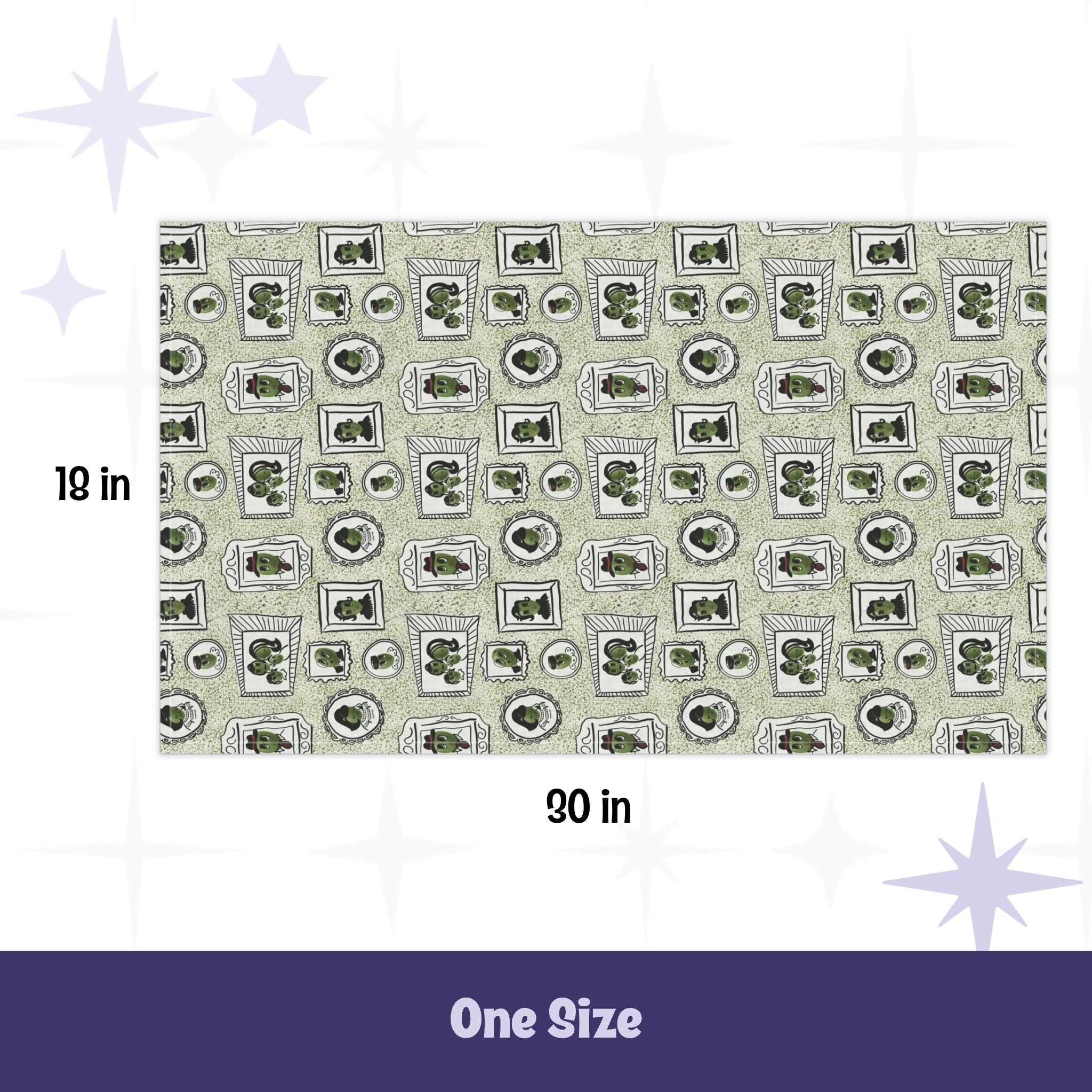 Size diagram for retro olive tea towel showing 18 inch by 30 inch dimensions on sage green colorway
