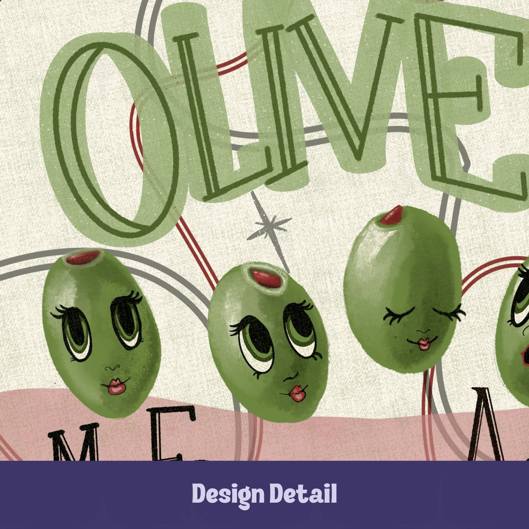 Close-up detail of hand-illustrated anthropomorphic green olive characters with heavy lash expressive eyes, red pimento tops, and red lips on retro mid-century serving platter