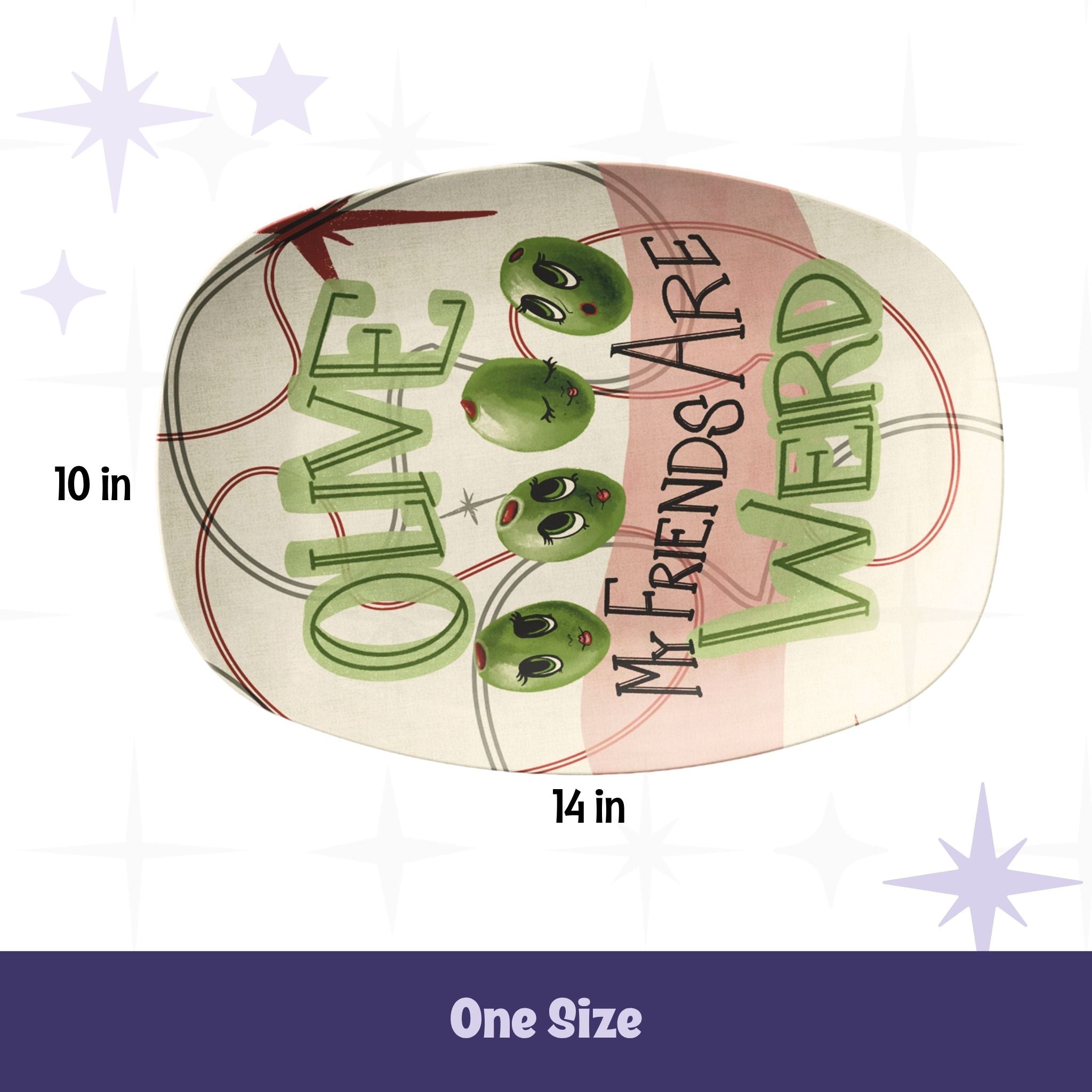 Retro olive pun serving platter shown with dimension callouts - 10 inches by 14 inches - mid-century modern illustrated design on cream polymer platter with one size label
