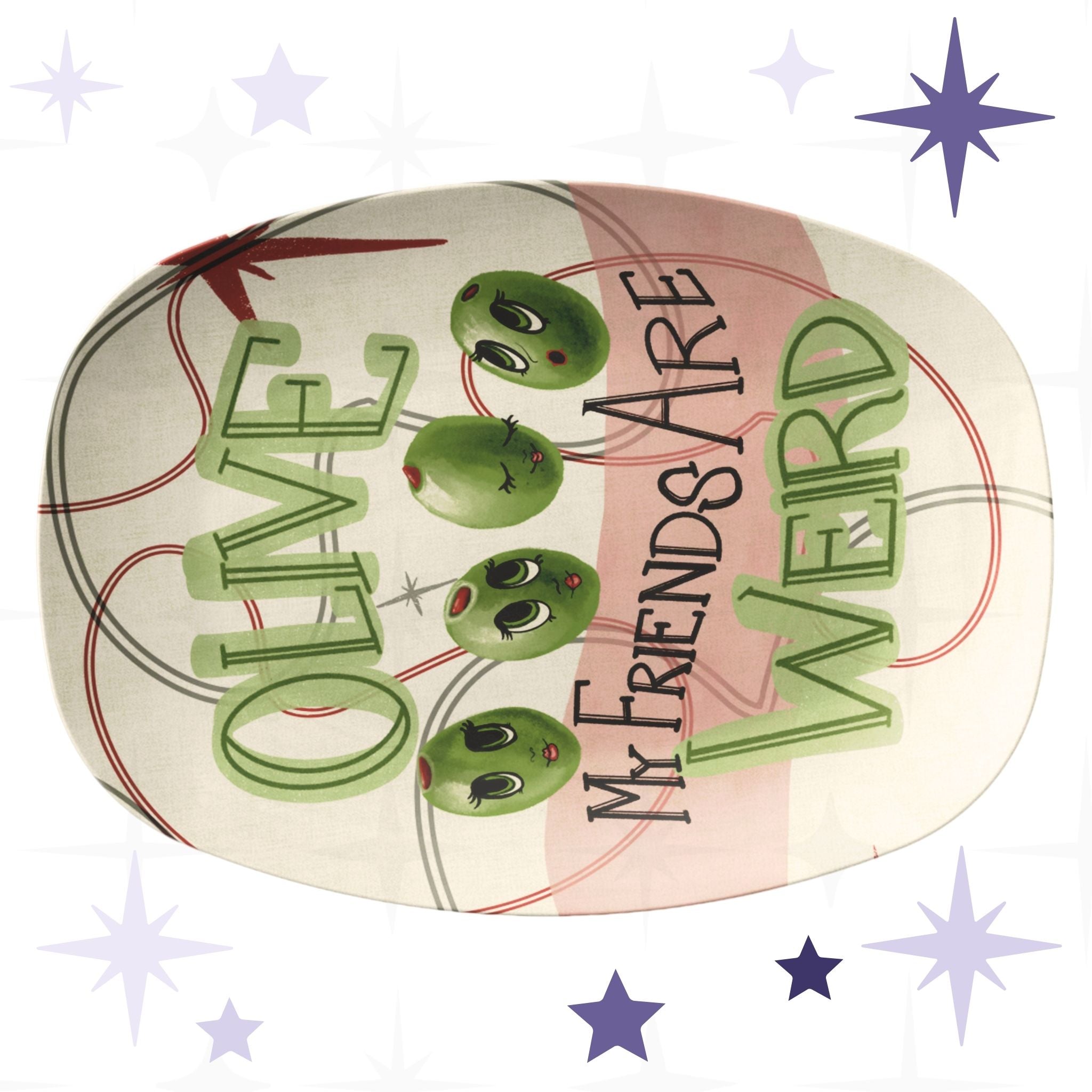 Retro serving platter with mid-century modern olive pun illustration reading "Olive my friends are weird," featuring four illustrated olive characters with expressive lashed eyes, sage green dimensional block lettering, blush pink color block, and atomic starburst motif on cream ground