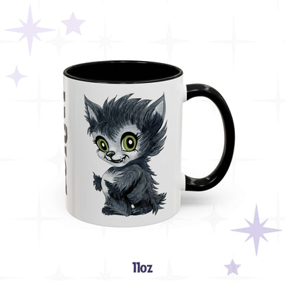 Chibi werewolf coffee mug in 11 oz, black-handled accent mug with fuzzy monster art