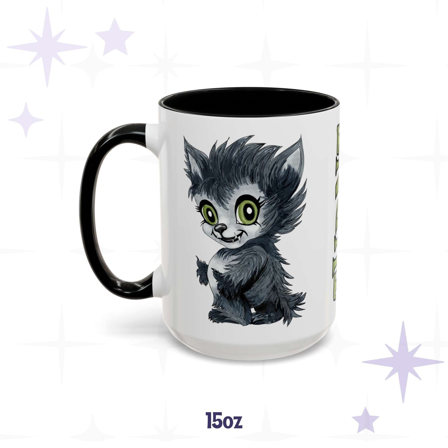 Cute werewolf monster mug in 15 oz, white with black accent handle and rim