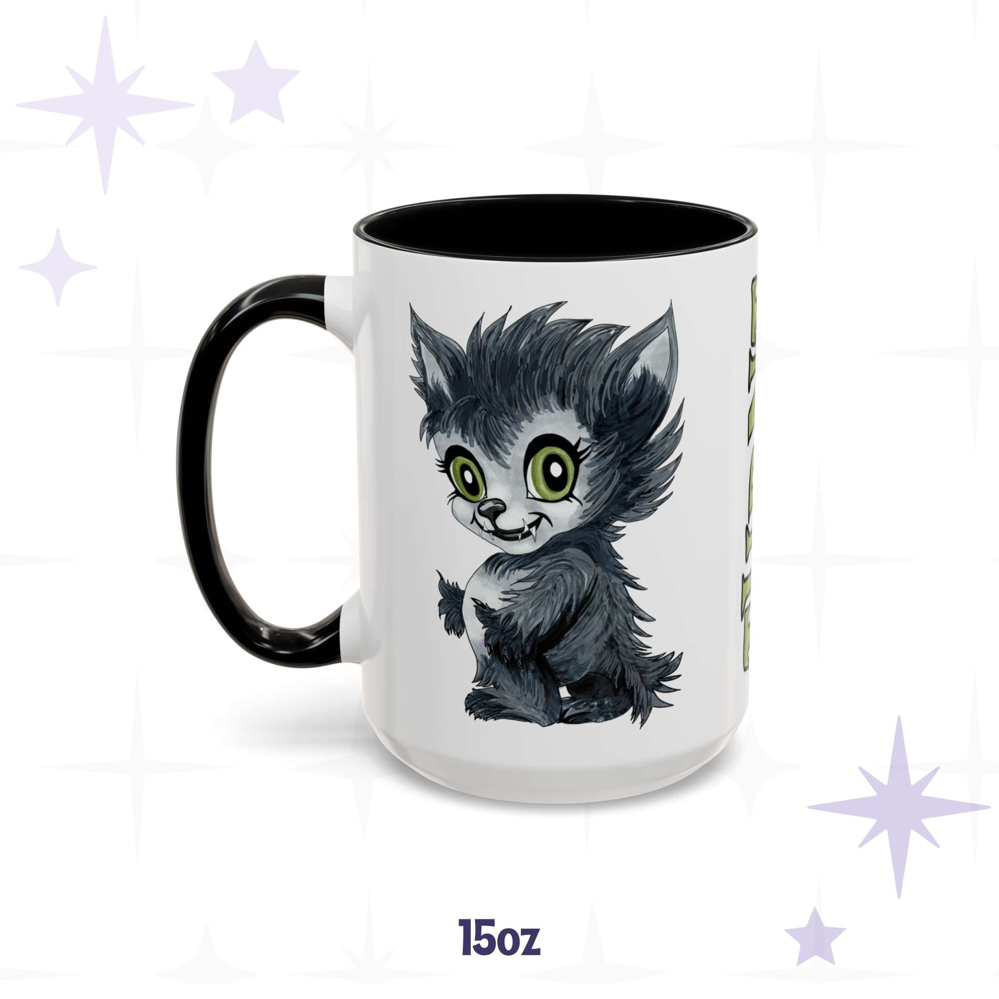 Cute werewolf monster mug in 15 oz, white with black accent handle and rim