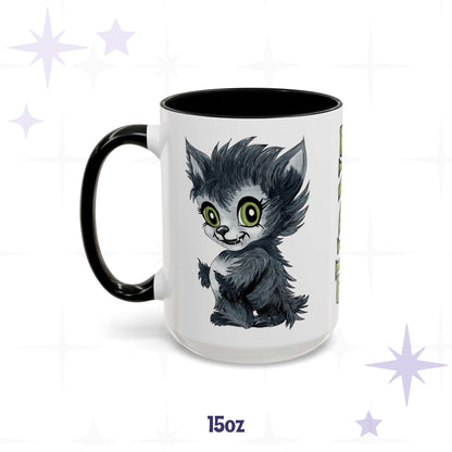 Cute werewolf monster mug in 15 oz, white with black accent handle and rim