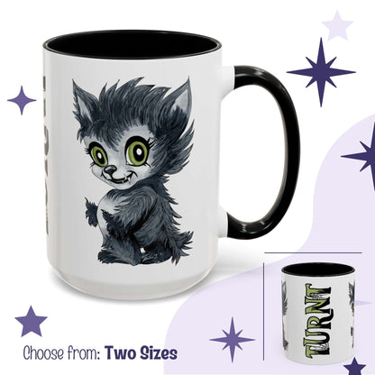 Retro cute werewolf mug in white with black handle, chibi monster pup facing forward with TURNT reveal inset, two sizes