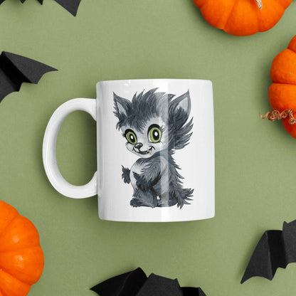 Retro werewolf pup mug on a green background with pumpkins and paper bats for Halloween