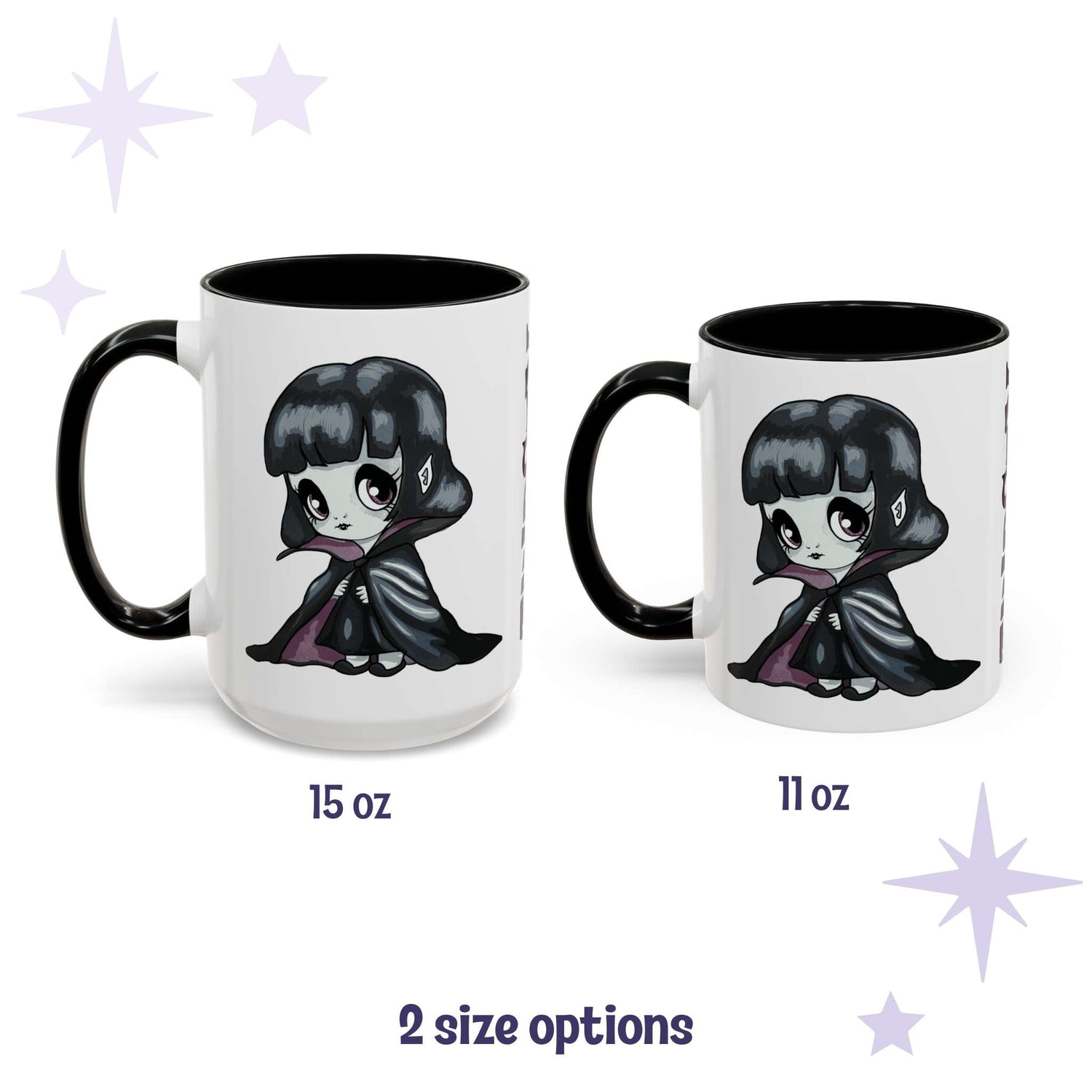 Chibi werewolf goth mug shown in 15 oz and 11 oz, white ceramic with black interior and handle