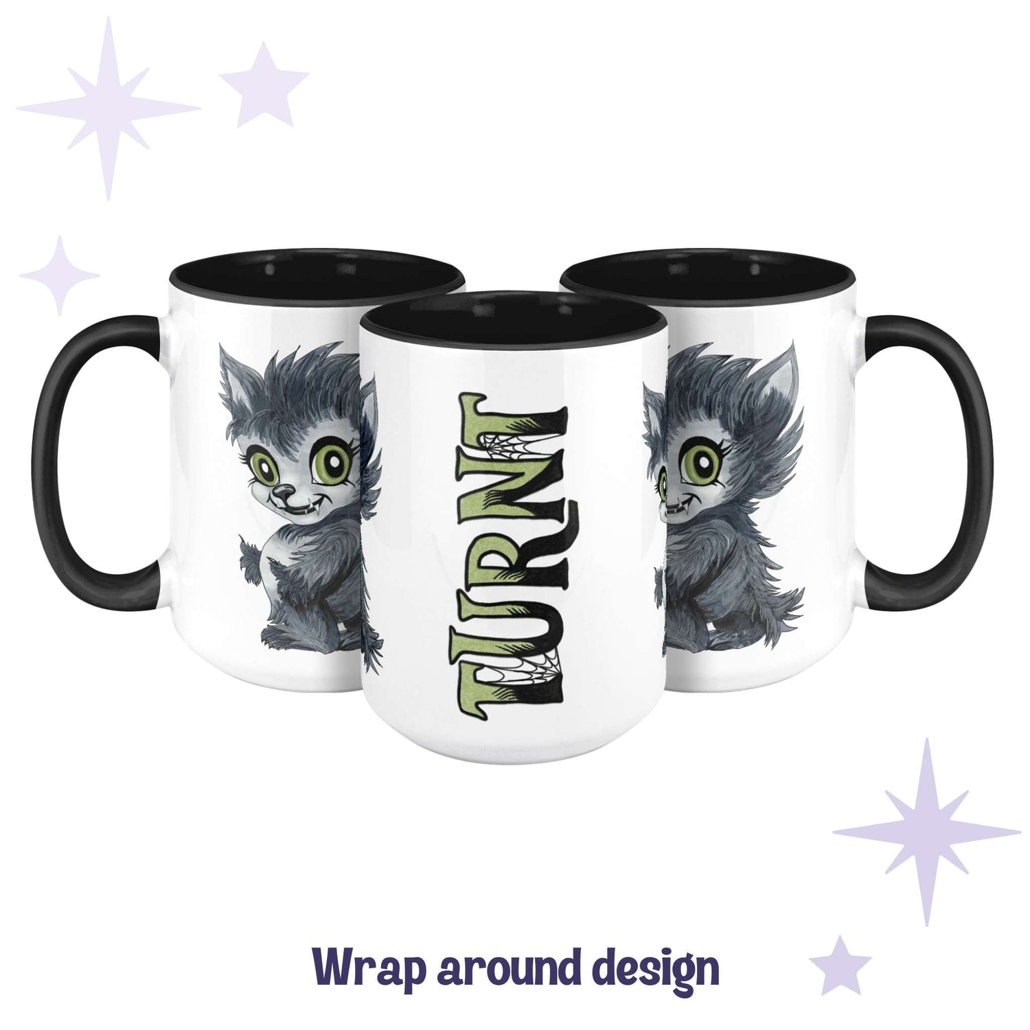 Chibi werewolf monster mug shown across three angles as a wrap-around design with TURNT in acid-green lettering