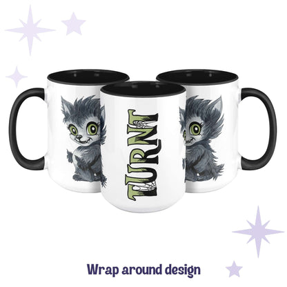 Chibi werewolf monster mug shown across three angles as a wrap-around design with TURNT in acid-green lettering