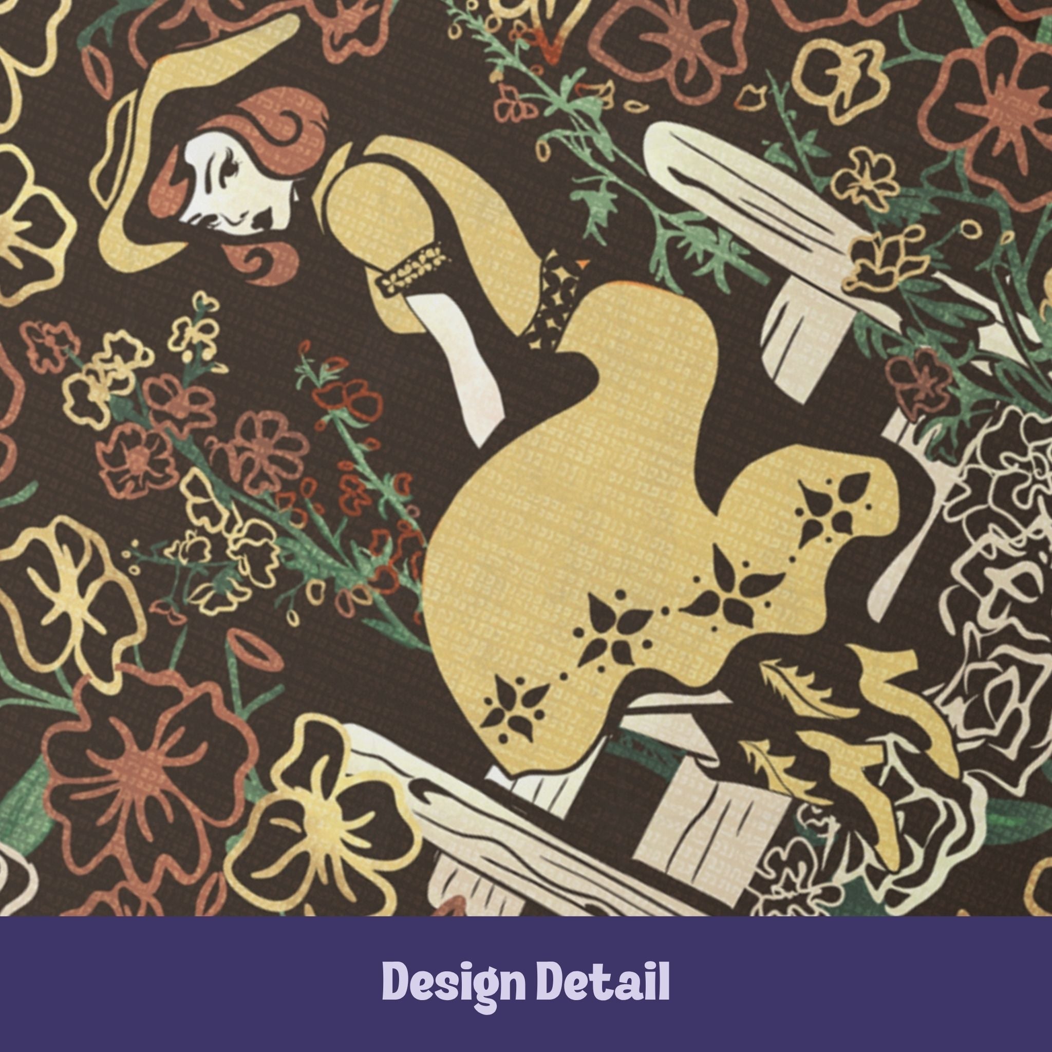 Close-up detail of retro cowgirl pinup illustration in golden dress and cowboy hat seated on white fence surrounded by maximalist wildflower pattern