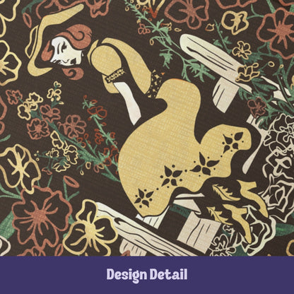 Close-up detail of retro cowgirl pinup illustration in golden dress and cowboy hat seated on white fence surrounded by maximalist wildflower pattern
