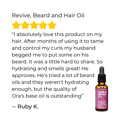 Bottle of hair and beard oil with a five-star review on a white background