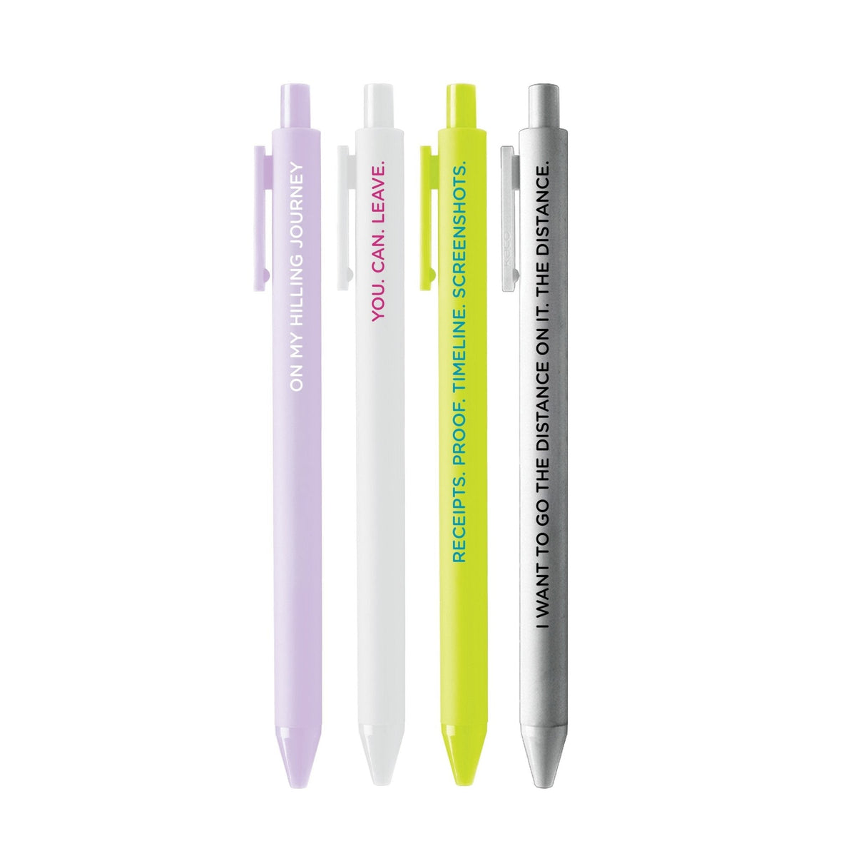 RHOSLC Pen Set detail — lilac and white jotter pens with embossed lettering by indie artist MangoIllustrated