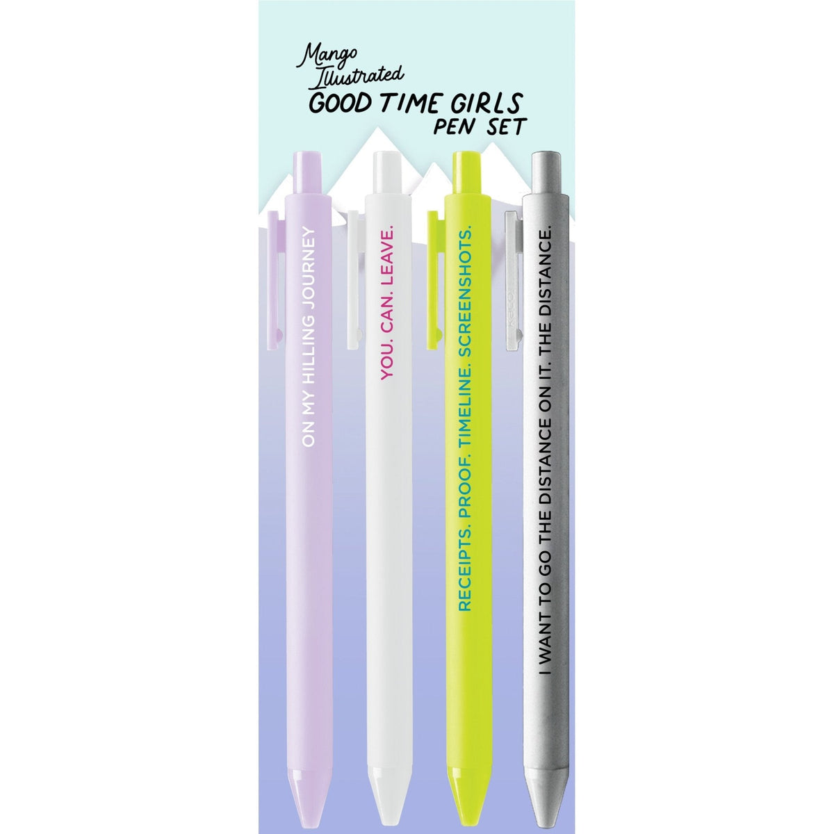 RHOSLC Pen Set flat lay — funny reality TV quote gel pen set by indie artist MangoIllustrated
