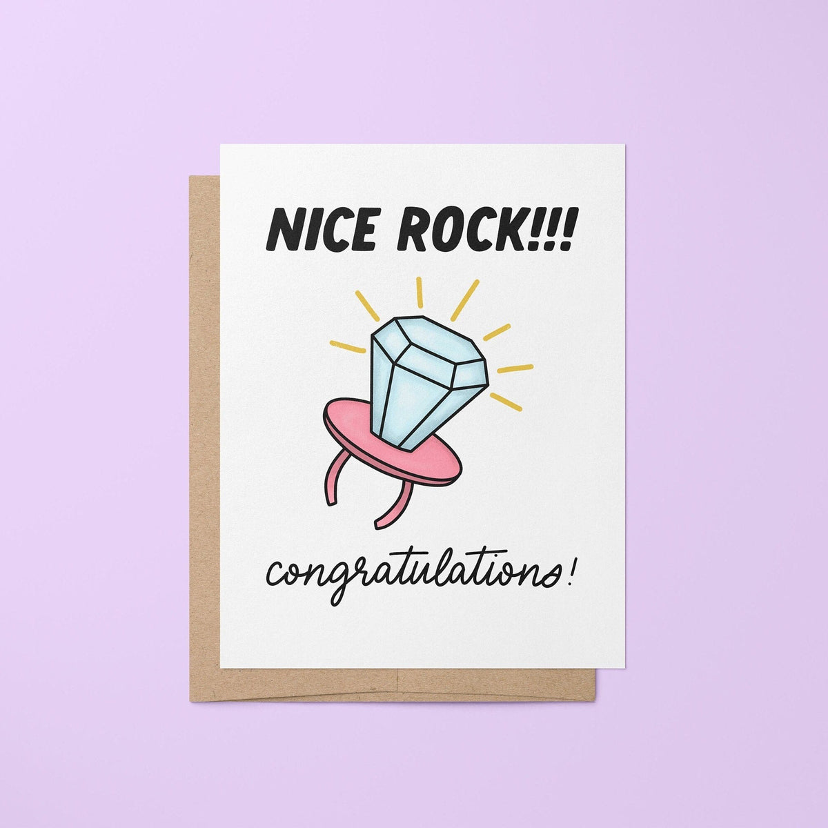 Ring pop engagement card — hand drawn ring pop illustration with Nice rock and Congratulations hand lettering, 4.25 x 5.5 in folded, by MangoIllustrated
