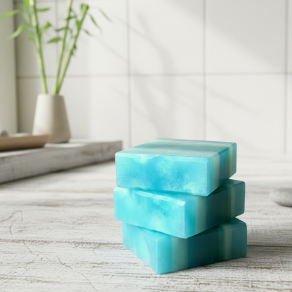 Stack of blue and green striped soap bars on a wooden surface