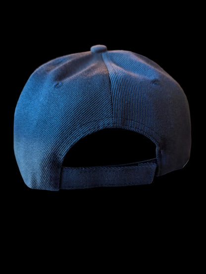Back of a navy blue baseball cap with adjustable Velcro closure. 