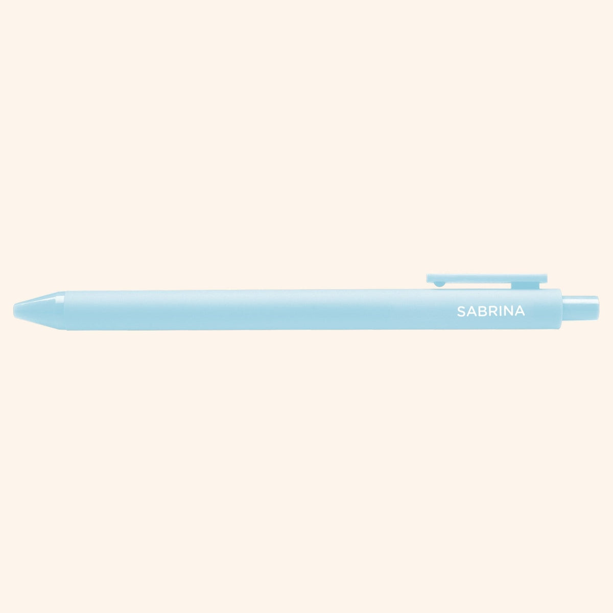 Sabrina pen detail — printed name lettering on the powder blue barrel by indie artist MangoIllustrated